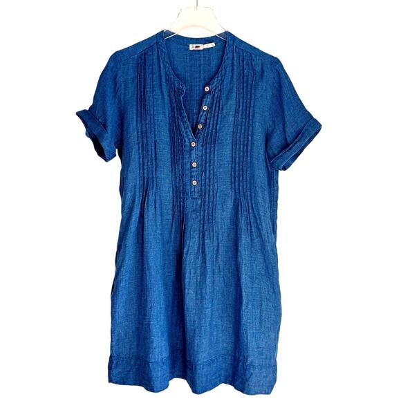 Faherty Gemina Linen Dress Pintuck Indigo Blue Short Sleeves Women Size Small - Picture 2 of 10